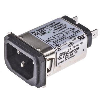 TE Connectivity 6A, 250 V ac Male Snap-In IEC Filter 1-6609006-2, Spade None Fuse