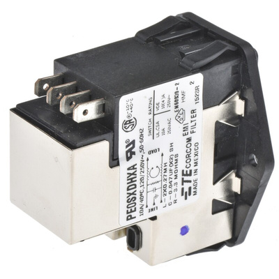 TE Connectivity 10A, 120 V ac, 250 V ac Male Flange Mount IEC Filter 2 Pole 6609929-4, Spade 2 Fuse