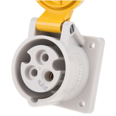 MENNEKES IP44 Yellow Panel Mount 3P Industrial Power Socket, Rated At 16A, 110 V