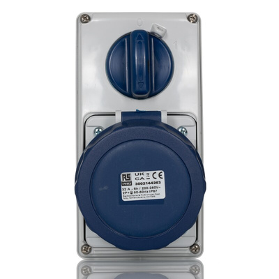 RS PRO IP67 Blue Wall Mount 2P + E Vertical Industrial Power Socket, Rated At 32A, 230 V