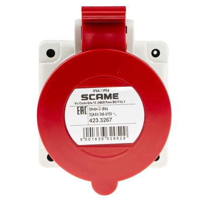 Scame IP44 Red Panel Mount 3P + N + E Industrial Power Socket, Rated At 32A, 415 V