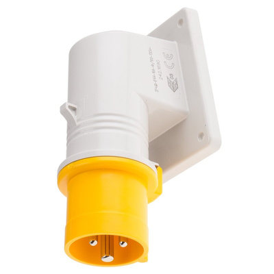 Scame IP44 Yellow Wall Mount 2P + E Right Angle Industrial Power Plug, Rated At 16A, 110 V