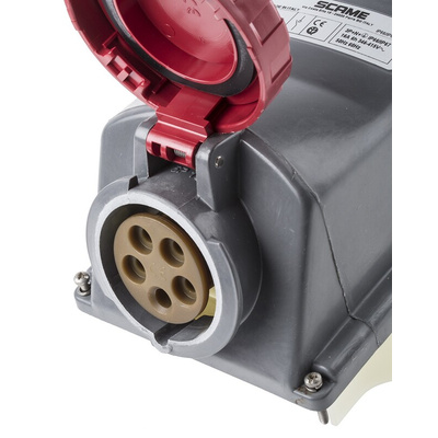 Scame IP67 Red Panel Mount 3P + N + E Right Angle Industrial Power Socket, Rated At 16A, 415 V