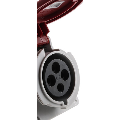 Schneider Electric, PratiKa IP67 Red Panel Mount 3P + E Right Angle Industrial Power Socket, Rated At 32A, 415 V