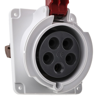 Schneider Electric, PratiKa IP44 Red Panel Mount 3P + N + E Right Angle Industrial Power Socket, Rated At 32A, 415 V