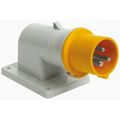 Scame IP44 Yellow Wall Mount 2P + E Right Angle Industrial Power Plug, Rated At 32A, 110 V