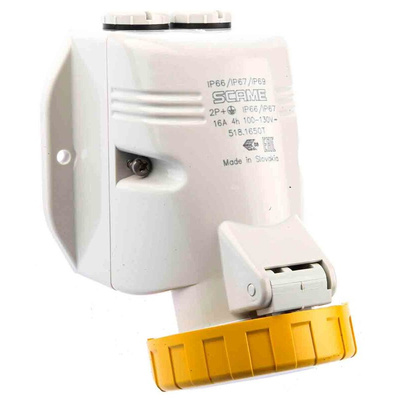 Scame IP66, IP67 Yellow Wall Mount 2P + E Industrial Power Socket, Rated At 16A, 110 V