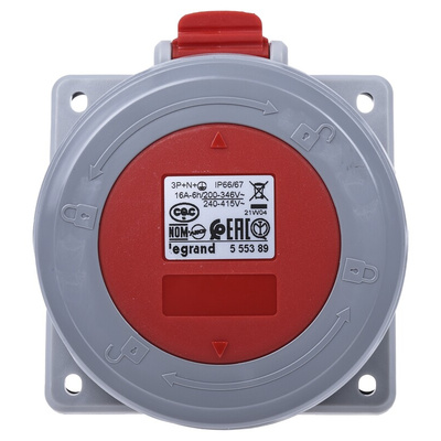 Legrand, P17 Tempra Pro IP66, IP67 Red Panel Mount 3P + N + E Industrial Power Socket, Rated At 16A, 415 V