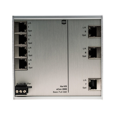 Harting Ethernet Switch, 7 RJ45 port, 48V dc, 10 Mbit/s, 100 Mbit/s, 1000 Mbit/s Transmission Speed, DIN Rail Mount