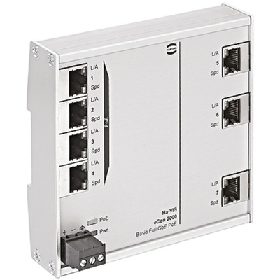 HARTING Ethernet Switch, 7 RJ45 port, 54V dc, 10 Mbit/s, 100 Mbit/s, 1000 Mbit/s Transmission Speed, DIN Rail Mount