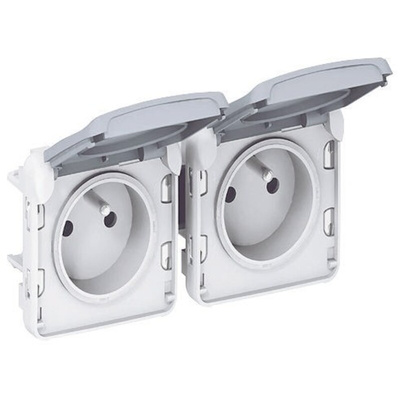Legrand Grey 2 Gang Plug Socket, 16A, Type E - French, Outdoor Use