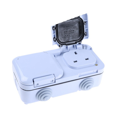 Timeguard Light Grey 2 Gang Plug Socket, 0 Poles, 20A, Type G - British, Outdoor Use