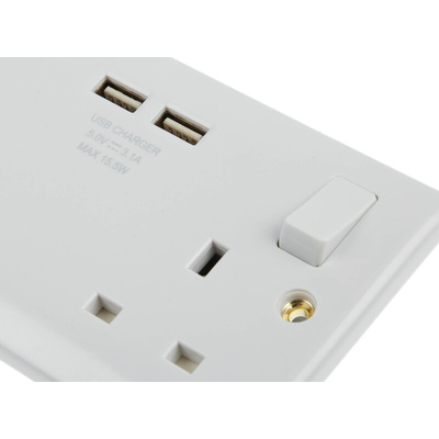 BG Electrical White 2 Gang Power Socket, 2 Poles, 13A, Type G - British, USB