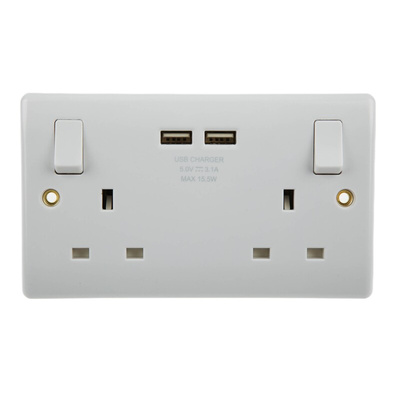 BG Electrical White 2 Gang Power Socket, 2 Poles, 13A, Type G - British, USB