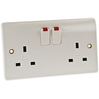 MK Electric White 2 Gang Plug Socket, 2 Poles, 13A, Type G - British, Indoor Use