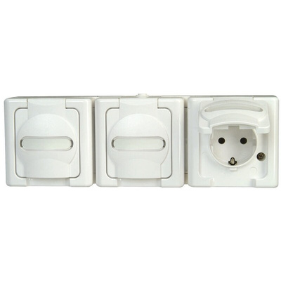 Kopp White 3 Gang Plug Socket, 2+E Poles, 16A, Type F - German Schuko, Outdoor Use