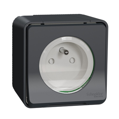 Grey 1 Gang Plug Socket, 2 Poles, 16A, French 2P, Indoor, Outdoor Use