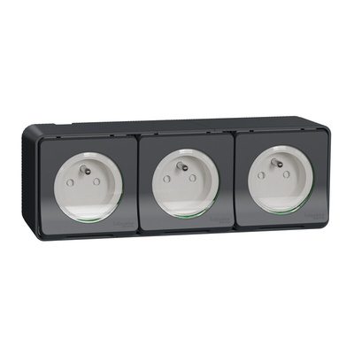 Grey 3 Gang Plug Socket, 2 Poles, 16A, French 2P, Indoor, Outdoor Use