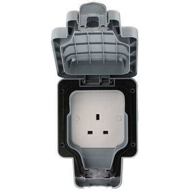 MK Electric Grey 1 Gang Plug Socket, 2 Poles, 13A, Type G - British, Outdoor Use