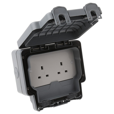 MK Electric Grey 2 Gang Plug Socket, 2 Poles, 13A, Type G - British, Outdoor Use