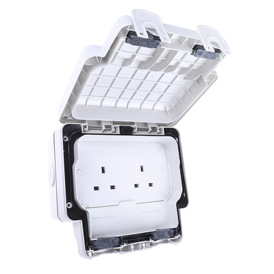 MK Electric White 2 Gang Plug Socket, 2 Poles, 13A, Type G - British, Outdoor Use