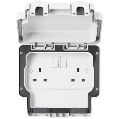 MK Electric White 2 Gang Plug Socket, 2 Poles, 13A, Type G - British, Outdoor Use