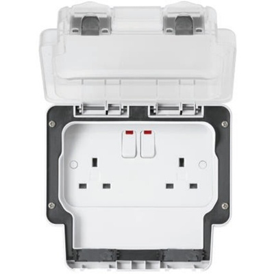 MK Electric White 2 Gang Plug Socket, 2 Poles, 13A, Type G - British, Outdoor Use