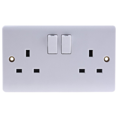 RS PRO White 2 Gang Plug Socket, 2 Poles, 13A, Type G - British, Indoor Use