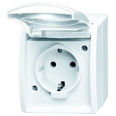 Busch Jaeger - ABB White 1 Gang Plug Socket, 2 Poles, 16A, Type F - German Schuko, Outdoor Use