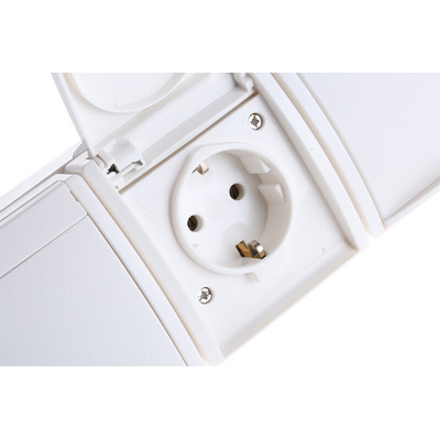 Busch Jaeger - ABB White 3 Gang Plug Socket, 16A, Type F - German Schuko, Outdoor Use