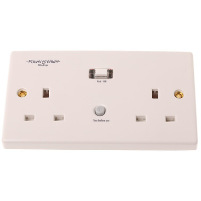 Power Breaker PowerBreaker H 13A, BS Fixing, Passive, 2 Gang RCD Socket, Surface Mount, 230 V ac, White