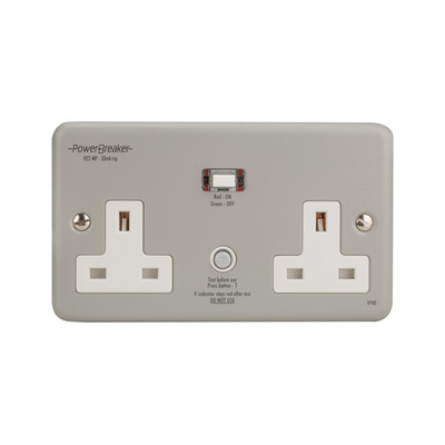 Power Breaker PowerBreaker H 13A, BS Fixing, Passive, 2 Gang RCD Socket, Surface Mount No, IP40 , Outdoor, 250 V, Grey