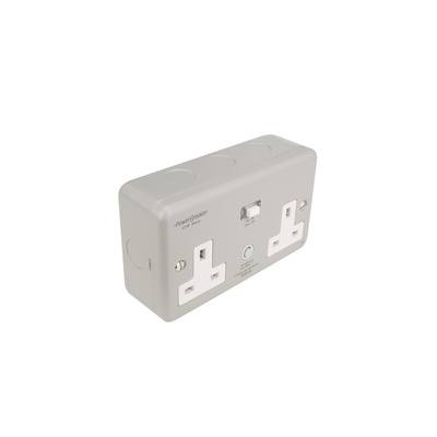 Power Breaker PowerBreaker H 13A, BS Fixing, Passive, 2 Gang RCD Socket, Surface Mount No, IP40 , Outdoor, 250 V, Grey