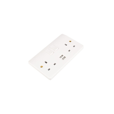MK Electric White 2 Gang Plug Socket, 2 Poles, 2A, Type G - British, USB, Indoor Use