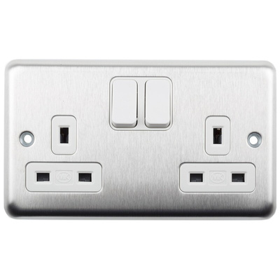 MK Electric Silver 2 Gang Plug Socket, 2 x 2P + E Poles, 13A, Type G - British