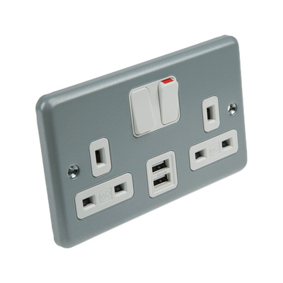 MK Electric 2 Gang Plug Socket, 2 Poles, 13A, BS1363, USB, Indoor Use