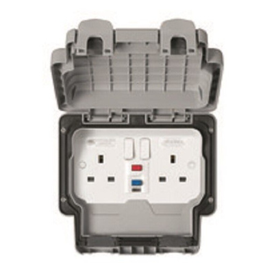 MK Electric 30mA, BS Fixing, Passive, 2 Gang RCD Socket, Polycarbonate, Wall Mount , Switched, IP66 , Outdoor, 240 V,