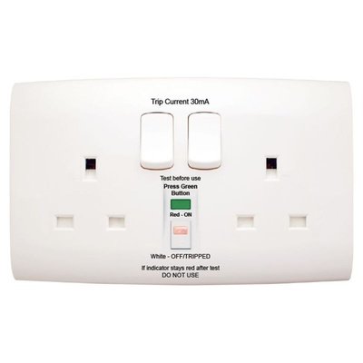 Contactum 13A, BS 7288 Fixing, Latching, 2 Gang RCD Socket, Polycarbonate, Wall Mount , Switched, IP2X, 220 →