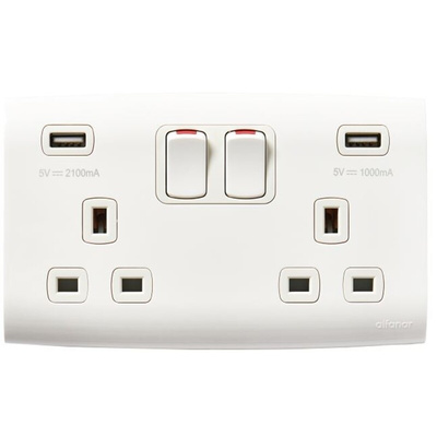 Contactum White 2 Gang 13A and USB Socket, 2 Poles, 13A, Indoor Use