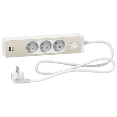 French 2P 3 Gang Trailing Socket, 1.5m Cable, 16A, 250 V