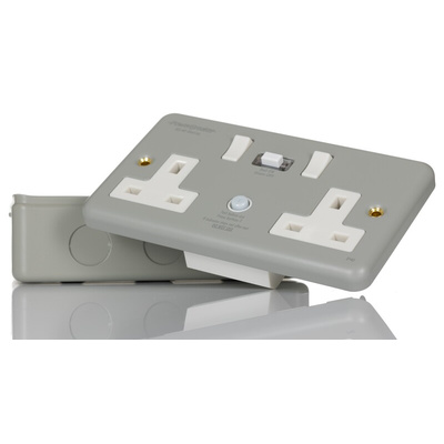 Power Breaker PowerBreaker H 13A, BS Fixing, Passive, 2 Gang RCD Socket, Surface Mount , Switched, 230 V ac, Grey