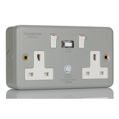 Power Breaker PowerBreaker H 13A, BS Fixing, Passive, 2 Gang RCD Socket, Surface Mount , Switched, 230 V ac, Grey