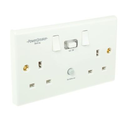 Power Breaker PowerBreaker H 13A, BS Fixing, Passive, 2 Gang RCD Socket, Polycarbonate, Surface Mount , Switched, 230 V