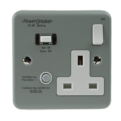 Power Breaker PowerBreaker H 13A, BS Fixing, Passive, Single Gang RCD Socket, Surface Mount, Switched, 230 V ac, Grey