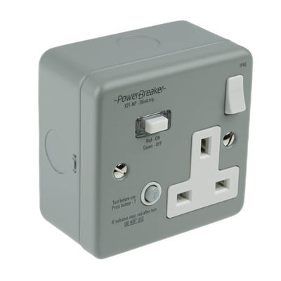 Power Breaker PowerBreaker H 13A, BS Fixing, Passive, Single Gang RCD Socket, Surface Mount, Switched, 230 V ac, Grey