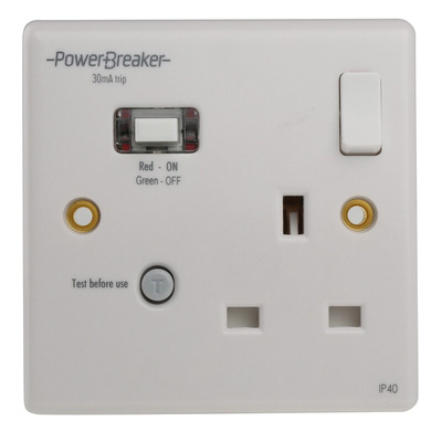 Power Breaker PowerBreaker H 13A, BS Fixing, Passive, Single Gang RCD Socket, Polycarbonate, Surface Mount, Switched,