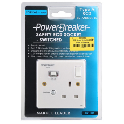 Power Breaker PowerBreaker H 13A, BS Fixing, Passive, Single Gang RCD Socket, Polycarbonate, Surface Mount, Switched,