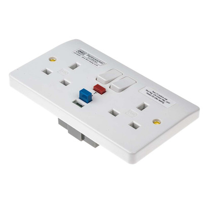 MK Electric Logic Plus 13A, BS Fixing, Active, 2 Gang RCD Socket, Flush Mount, Switched, IP2XD, 240 V ac, White