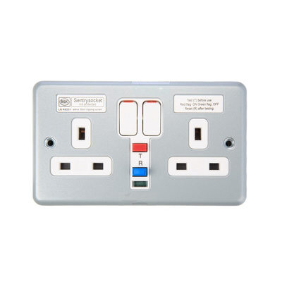 MK Electric 13A, BS Fixing, Active, 2 Gang RCD Socket, Steel, Surface Mount, Switched, 250 V ac, Grey