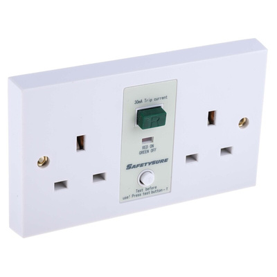 RS PRO 13A, BS Fixing, Passive, 2 Gang RCD Socket, Flush Mount , Switched, 230 V ac, White